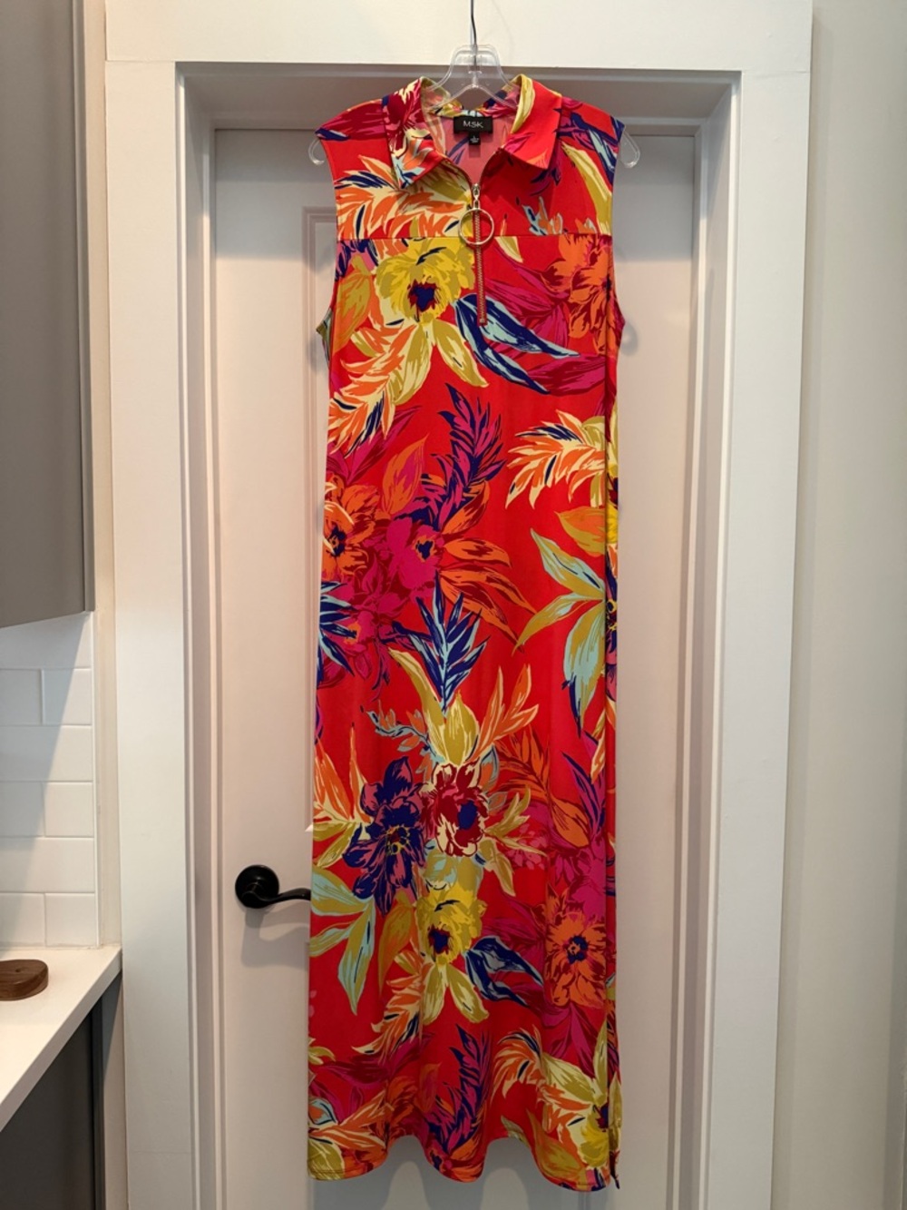 MSK Coral Red Tropical Maxi Dress with Multicolor Floral Print